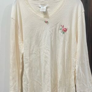 Cream Long Sleeve Top with Floral Embroidery